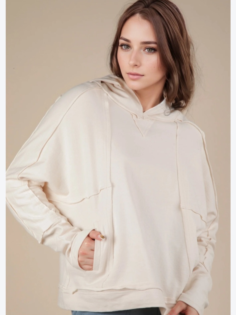 new in Relaxed Hooded Pullover Sweatshirt in Light Cream with pockets